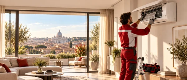 Tecnico assistenza condizionatori Ariston Roma durante la manutenzione dei filtri di un climatizzatore split