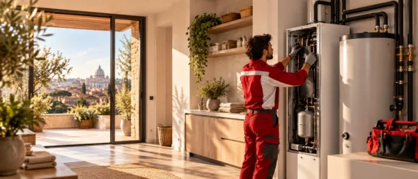 Tecnico assistenza pompe di calore Ariston Roma durante la manutenzione di un impianto a pompa di calore