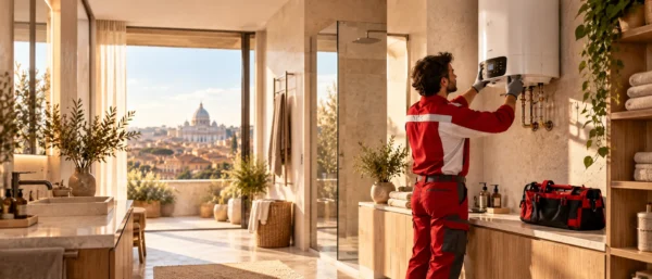 Tecnico assistenza scaldabagni Ariston Roma durante la manutenzione di uno scaldabagno elettrico a parete