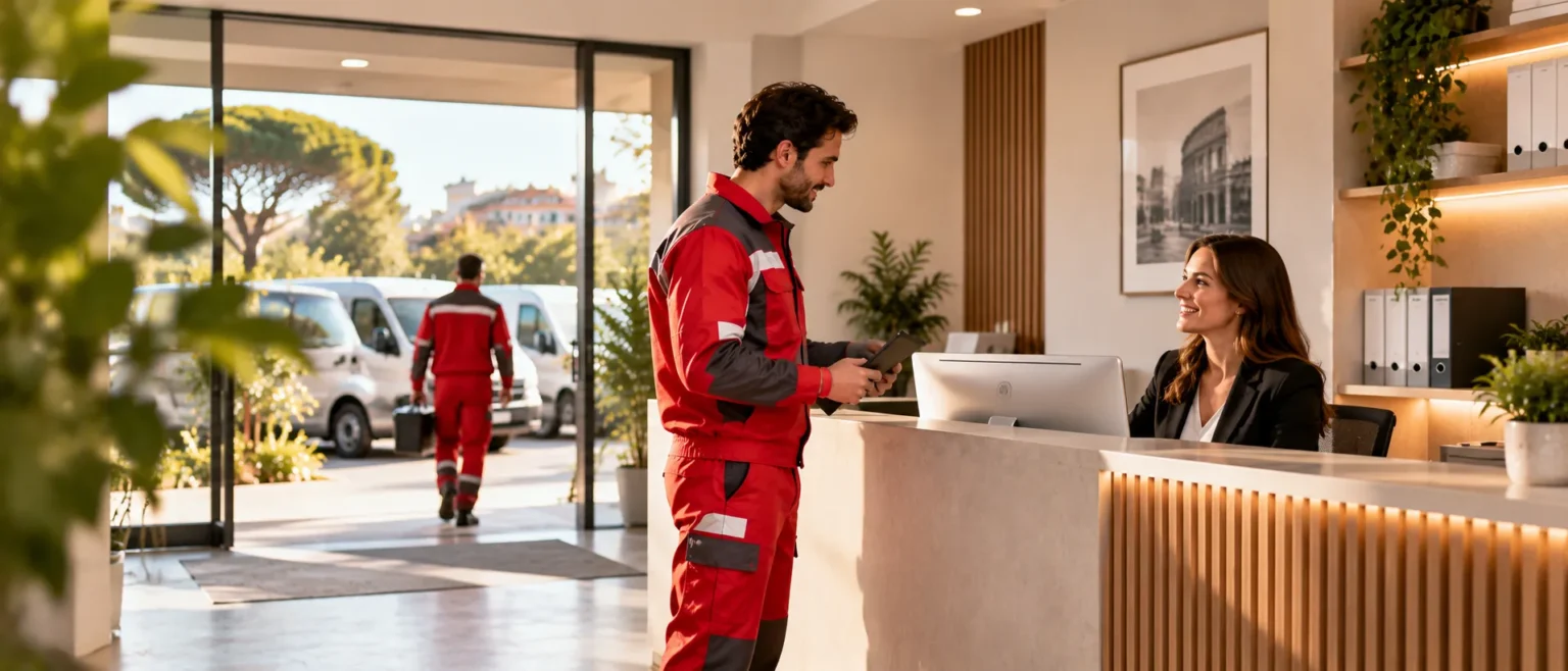 Tecnico del Centro Assistenza Ariston Roma alla reception con addetta all'accoglienza e furgoni di servizio sullo sfondo