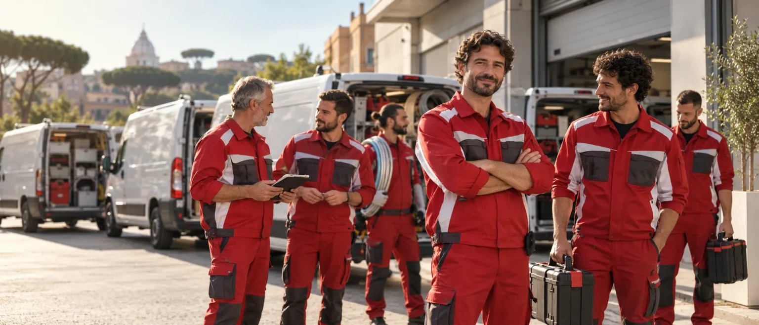 Squadra di tecnici del Centro Assistenza Ariston Roma davanti ai furgoni aziendali presso la sede operativa