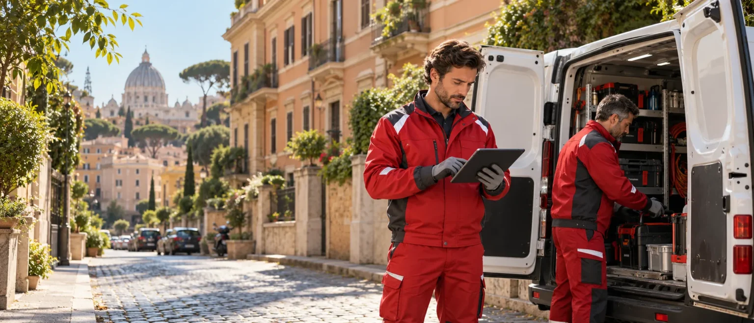 Due tecnici del Centro Assistenza Ariston Roma accanto a un furgone attrezzato in una strada residenziale di Roma